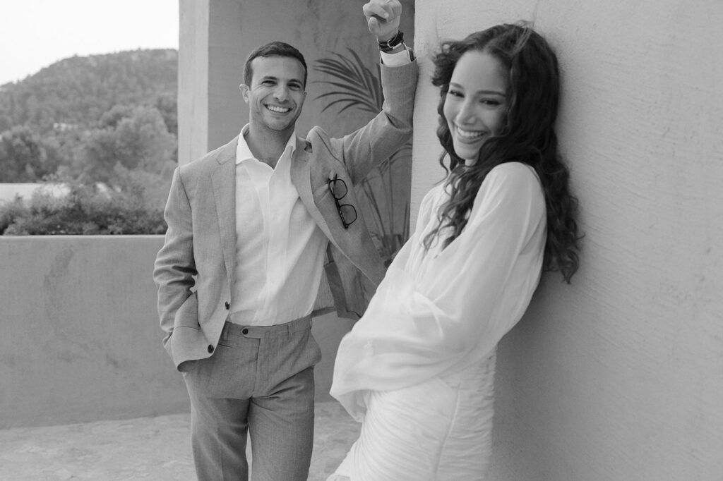 Elena and Mo celebrating their Ibiza wedding welcome party at Nomade