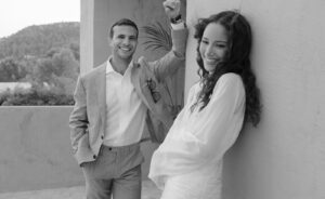 Elena and Mo celebrating their Ibiza wedding welcome party at Nomade