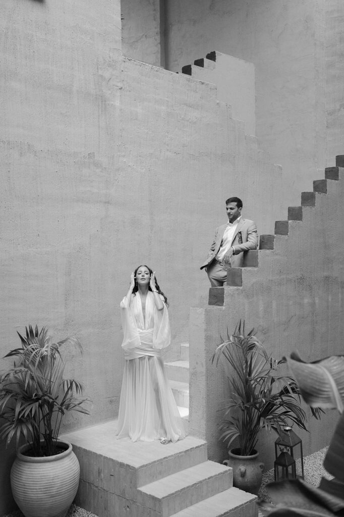Elena and Mo celebrating their Ibiza wedding welcome party at Nomade